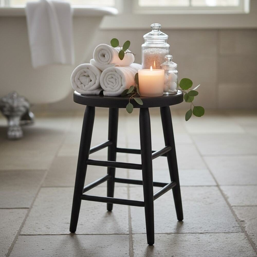 Primitive Farmhouse Milking Stool Black Painted Wood Plant Stand-Rustic-Country